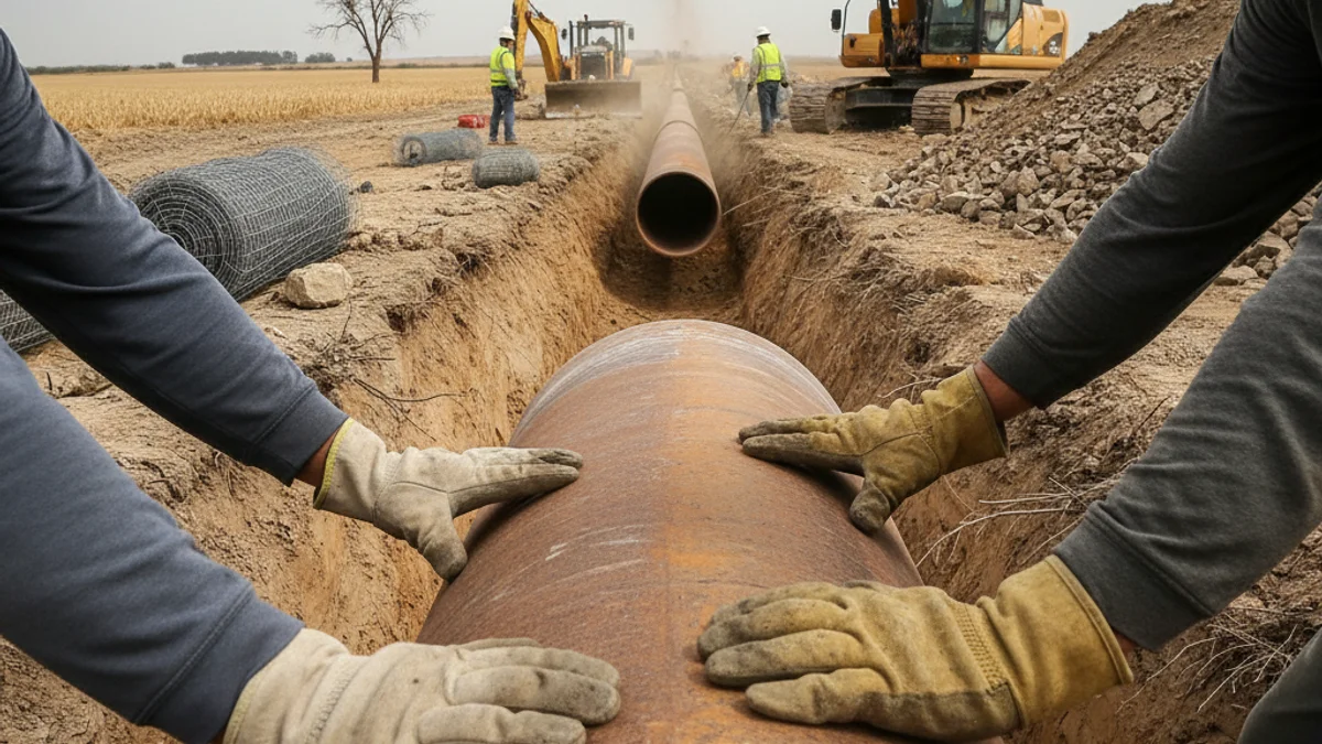 Imatge genèrica d'obres d'infraestructura hidràulica, amb canonades i maquinària pesada en un entorn agrícola sec.