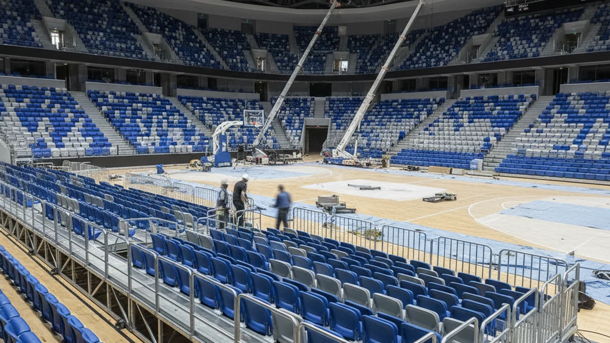 Vista interior d'un pavelló esportiu modern amb seients retràctils parcialment instal·lats, sense persones reconeixibles.