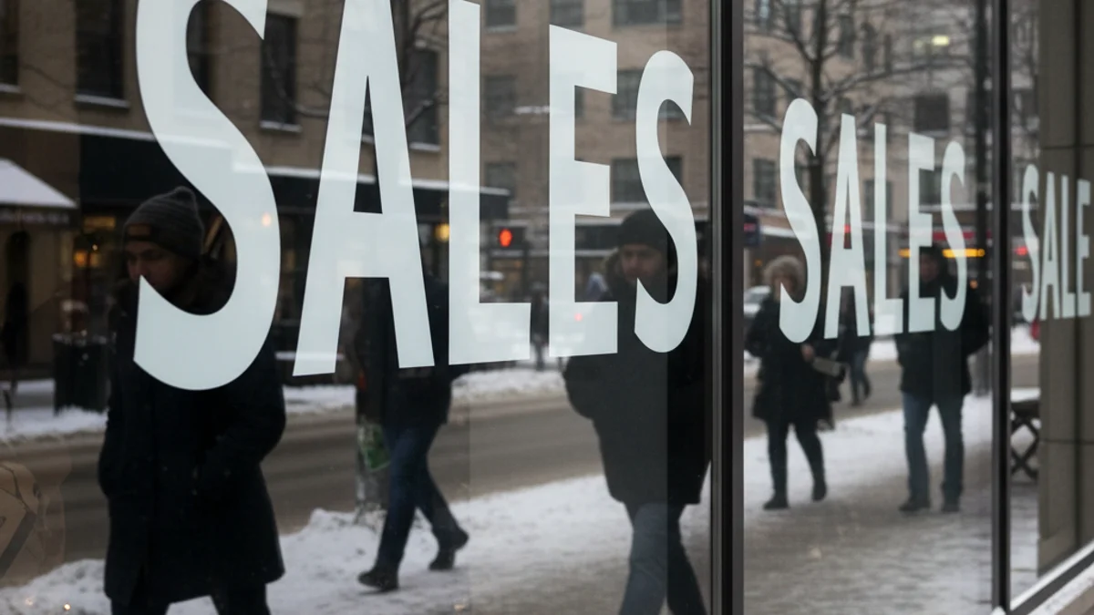 Aparadors de botigues amb cartells de rebaixes i figures borroses de compradors a l'hivern.