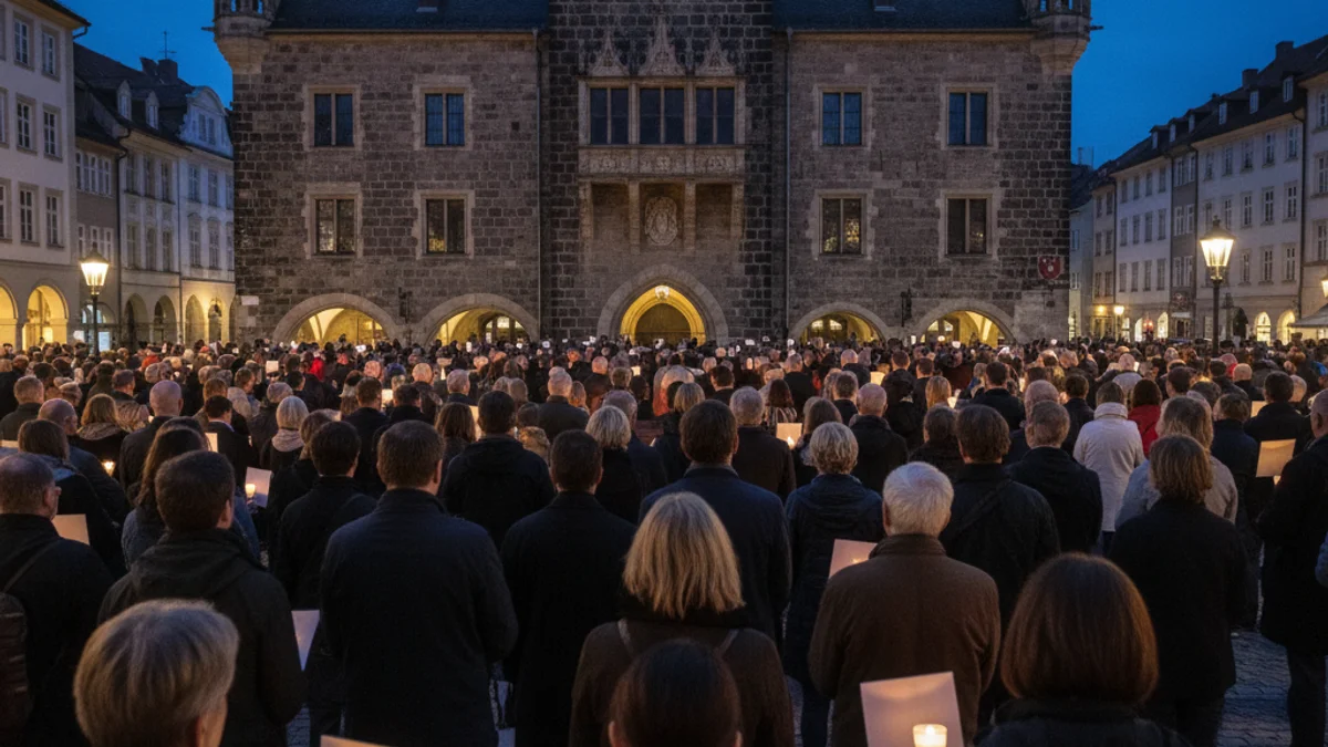 Imatge d'una concentració nocturna de rebuig a la violència masclista davant d'un ajuntament.