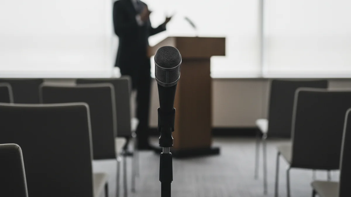Imatge genèrica d'un podi i un micròfon en una sala de conferències buida, simbolitzant un esdeveniment empresarial.