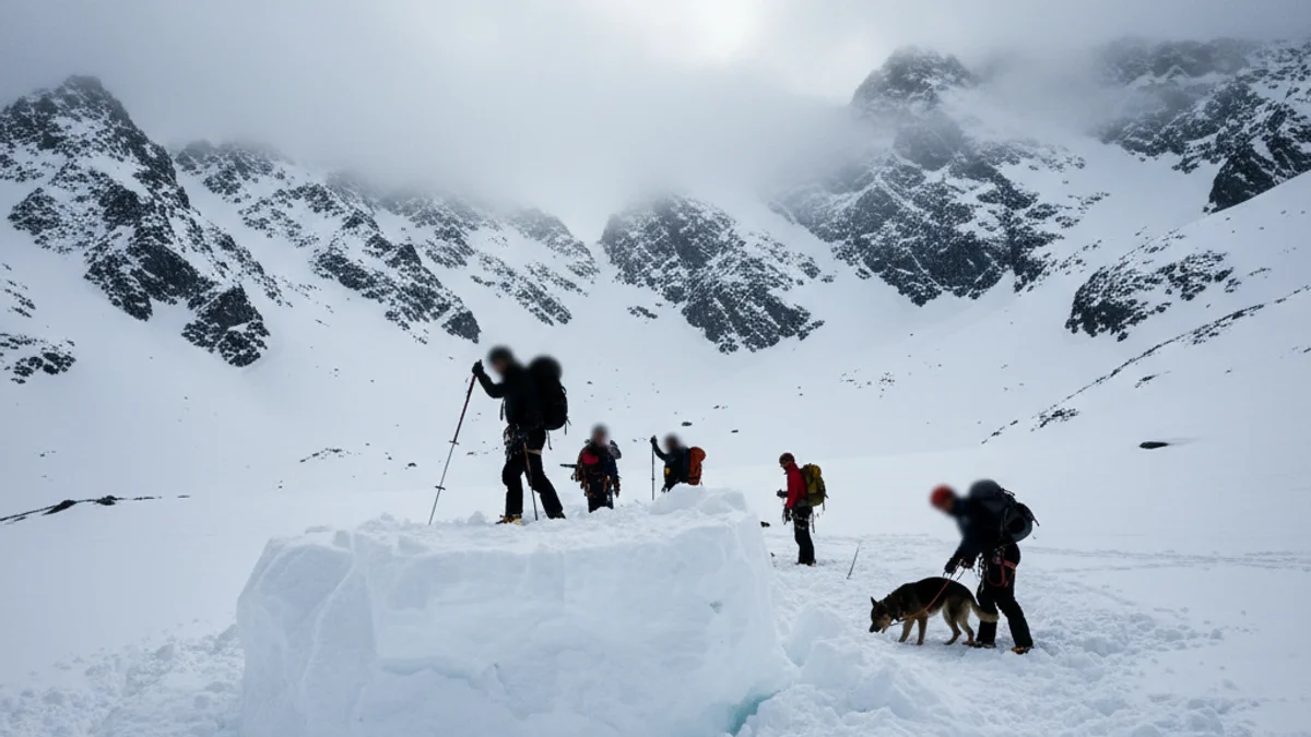 Equips de rescat treballant en una zona d'allau a la muntanya, amb grans acumulacions de neu.