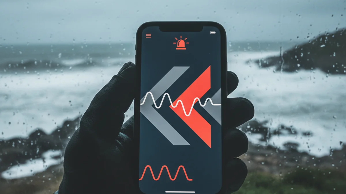 Imatge d'un telèfon mòbil mostrant una notificació d'alerta d'emergència durant un temporal a la costa.
