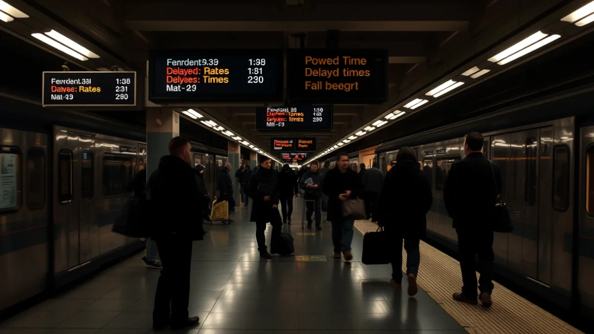 Imatge genèrica de l'andana d'una estació de tren amb pantalles informatives i passatgers esperant.