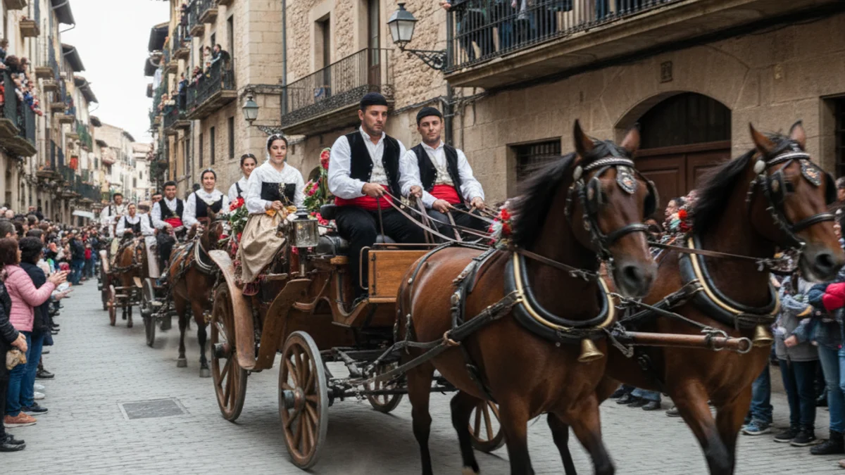 Imatge genèrica d'una desfilada tradicional amb cavalls i carruatges en un entorn urbà.
