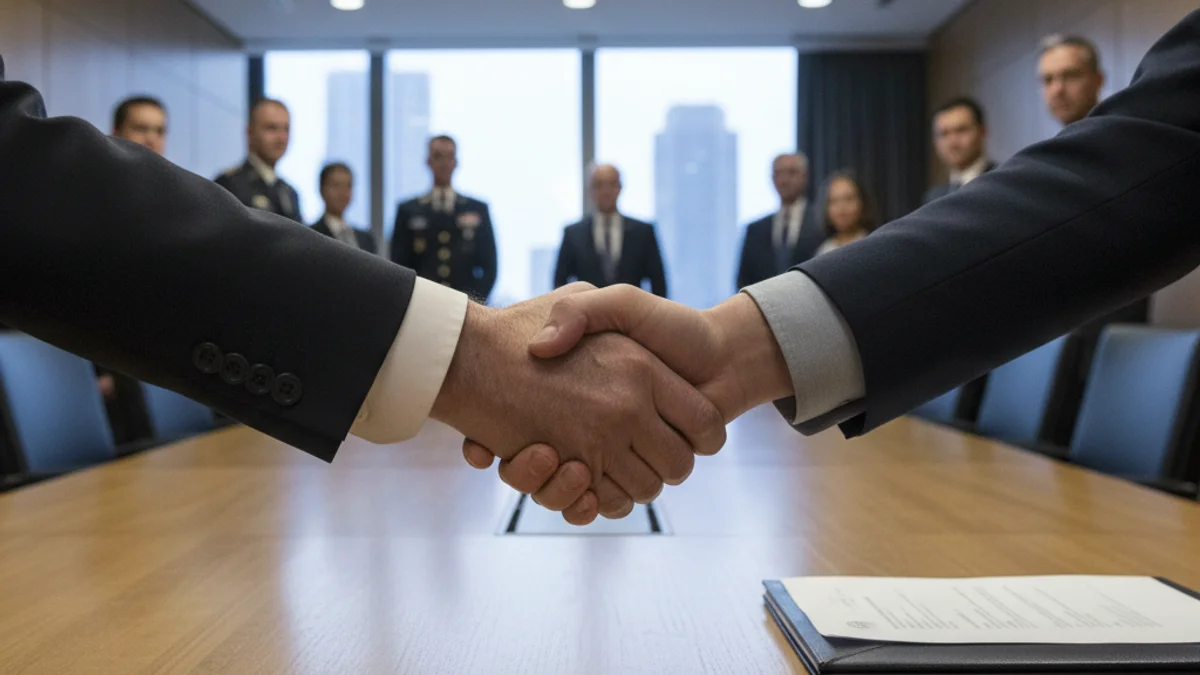 Representació visual d'una reunió formal de governança o d'un acord estratègic sobre infraestructures ferroviàries.