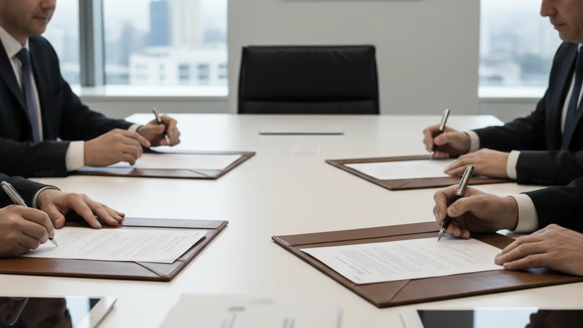 Formalització de la constitució d'una nova empresa de serveis ferroviaris en una sala de reunions governamental.