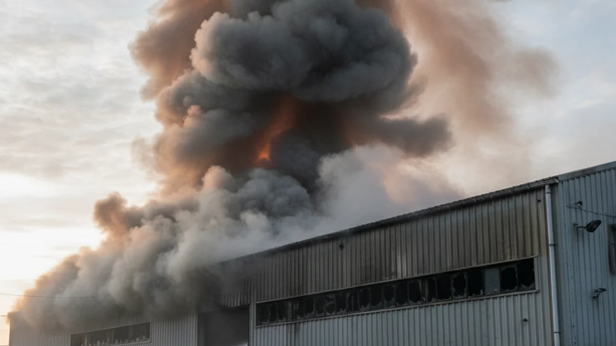Imatge genèrica de bombers treballant amb una autoescala per extingir un incendi en una nau industrial.