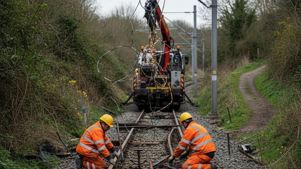 Imatge genèrica de treballadors de manteniment reparant la via i la catenària d'una línia de tren afectada.