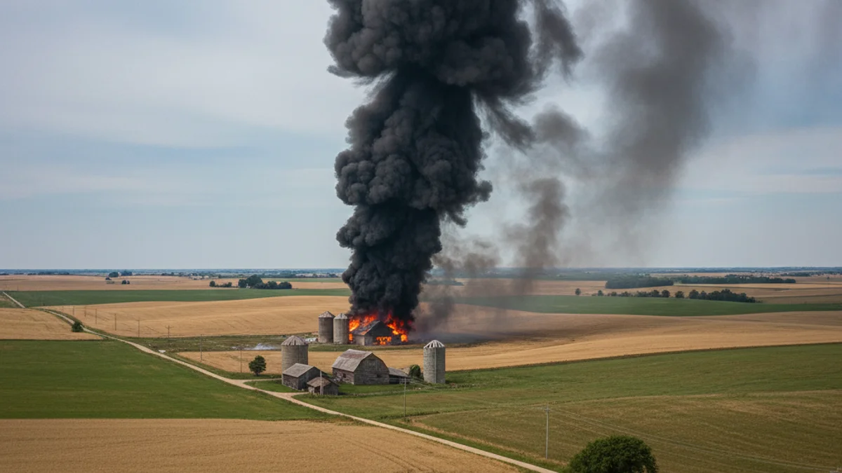 Vista d'una columna de fum negre sortint d'una nau industrial o granja en una zona rural.