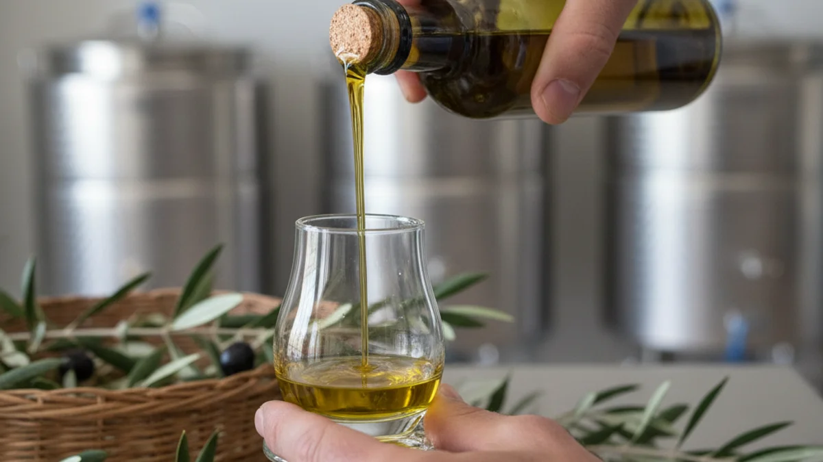 Imatge genèrica d'un tast d'oli d'oliva verge extra, amb una mà sostenint una petita copa blava.