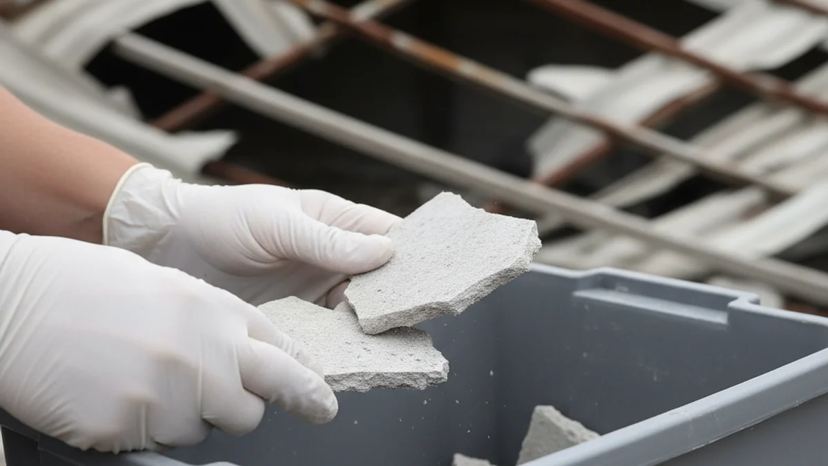 Imagen genérica de manos con guantes de protección manipulando restos de fibrocemento dañado tras una tormenta.