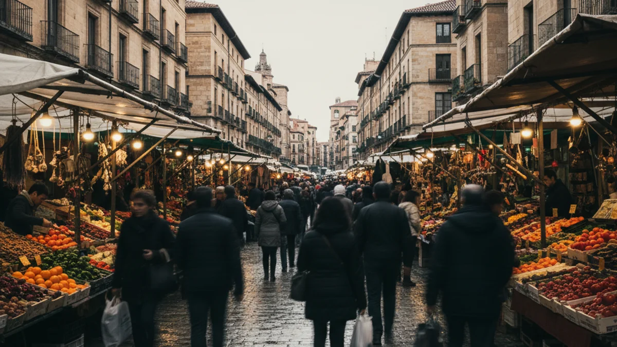 Vista general d'un mercat ambulant setmanal amb parades i gent passejant per un espai urbà obert.