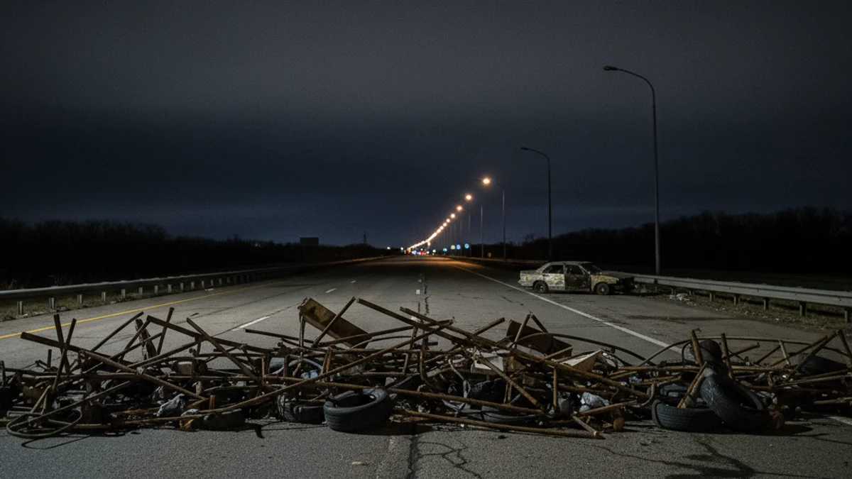 Imatge genèrica d'un accident de trànsit nocturn en una autopista amb restes de barricades.