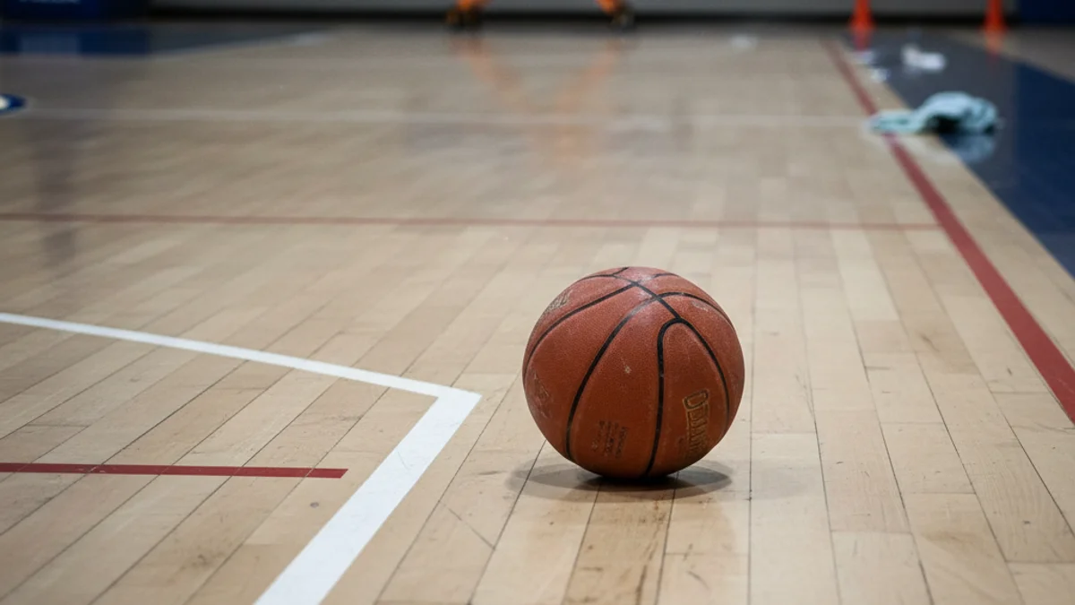 Imatge genèrica d'una pista de bàsquet buida amb una pilota a terra, simbolitzant l'absència d'una jugadora clau.