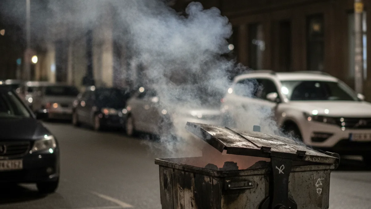 Imatge genèrica d'un contenidor d'escombraries cremat o amb fum en un carrer urbà.