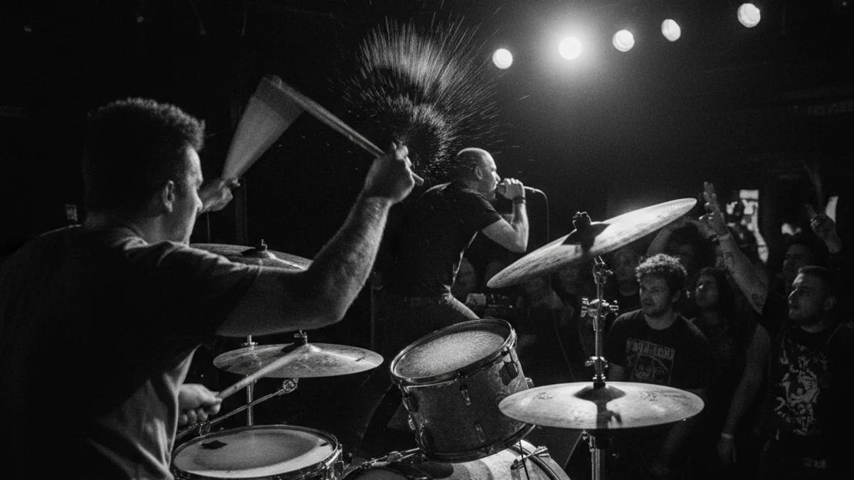 Imatge genèrica d'un concert de punk-rock amb focus en la bateria i el micròfon, sense cares visibles.