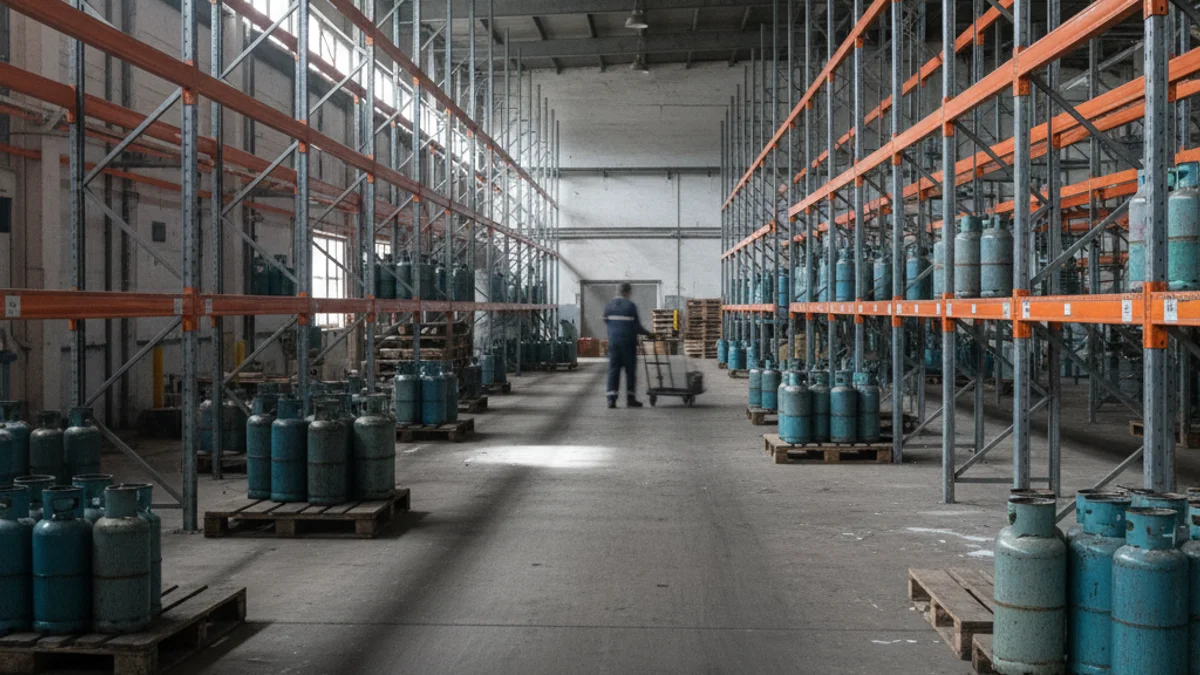 Imatge genèrica de bombones de gas butà buides apilades en un magatzem de distribució.