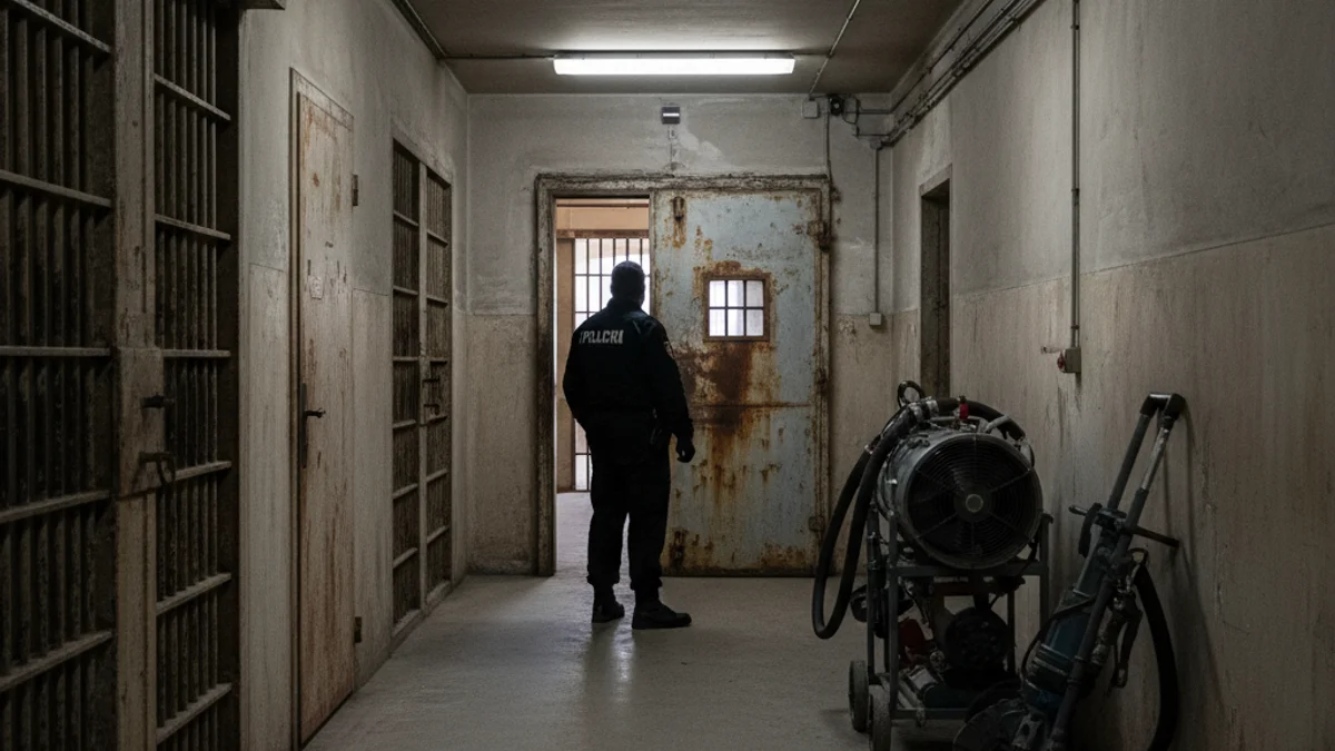 Imatge genèrica d'un passadís de presó amb una porta metàl·lica i un guàrdia de seguretat en silueta.