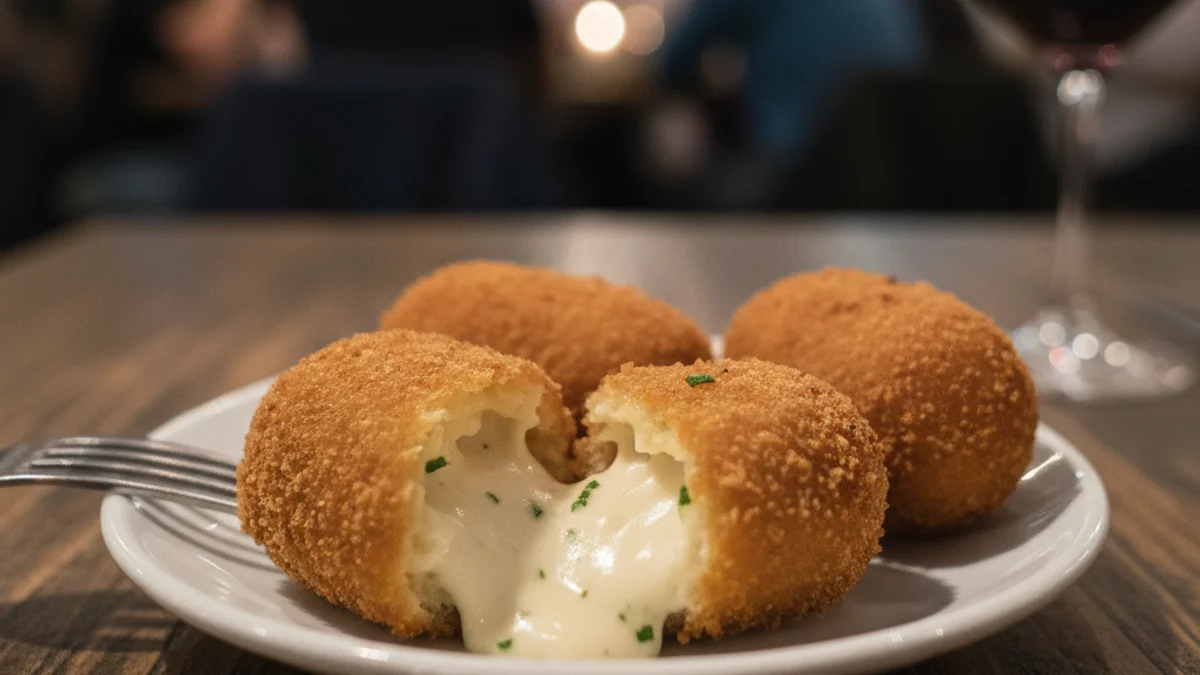 Detall d'una safata de croquetes casolanes amb una textura cruixent i farciment cremós.