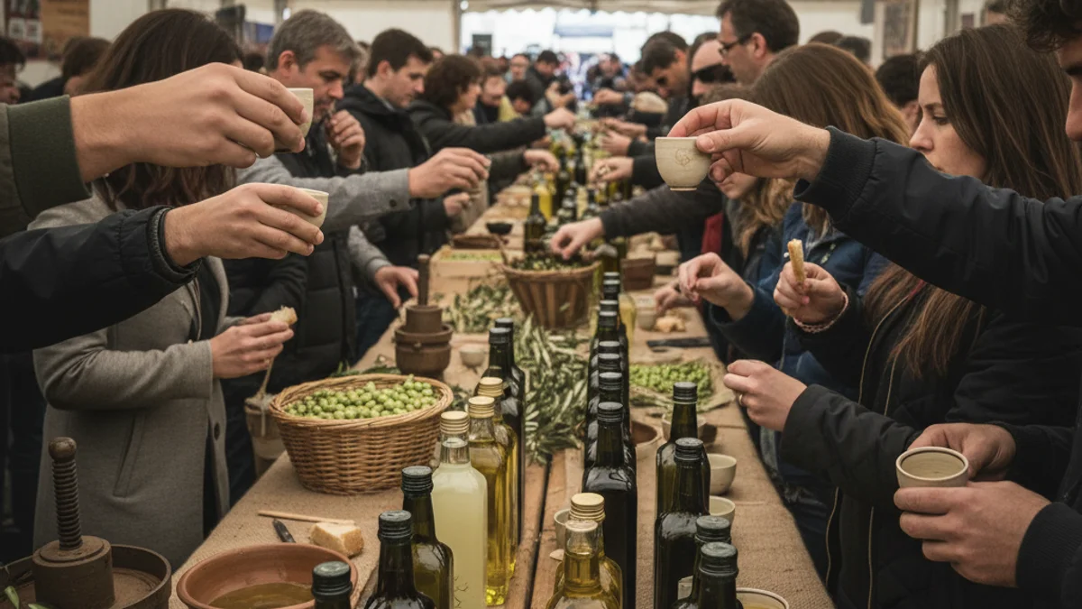 Imatge genèrica d'una fira agrícola amb productes d'oli d'oliva exposats.