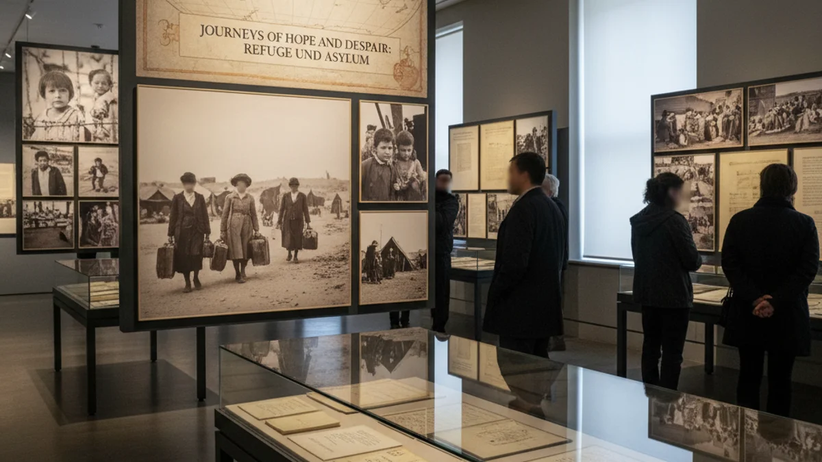 Imatge genèrica d'una exposició històrica amb fotografies i documents d'arxiu sobre refugiats.
