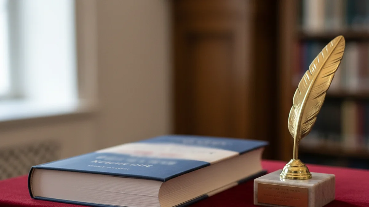 Imatge genèrica d'un llibre recentment premiat sobre un faristol durant una cerimònia literària.