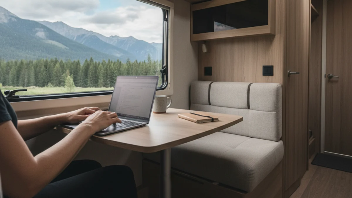 Interior d'una caravana moderna amb un ordinador portàtil obert, simbolitzant el teletreball itinerant.