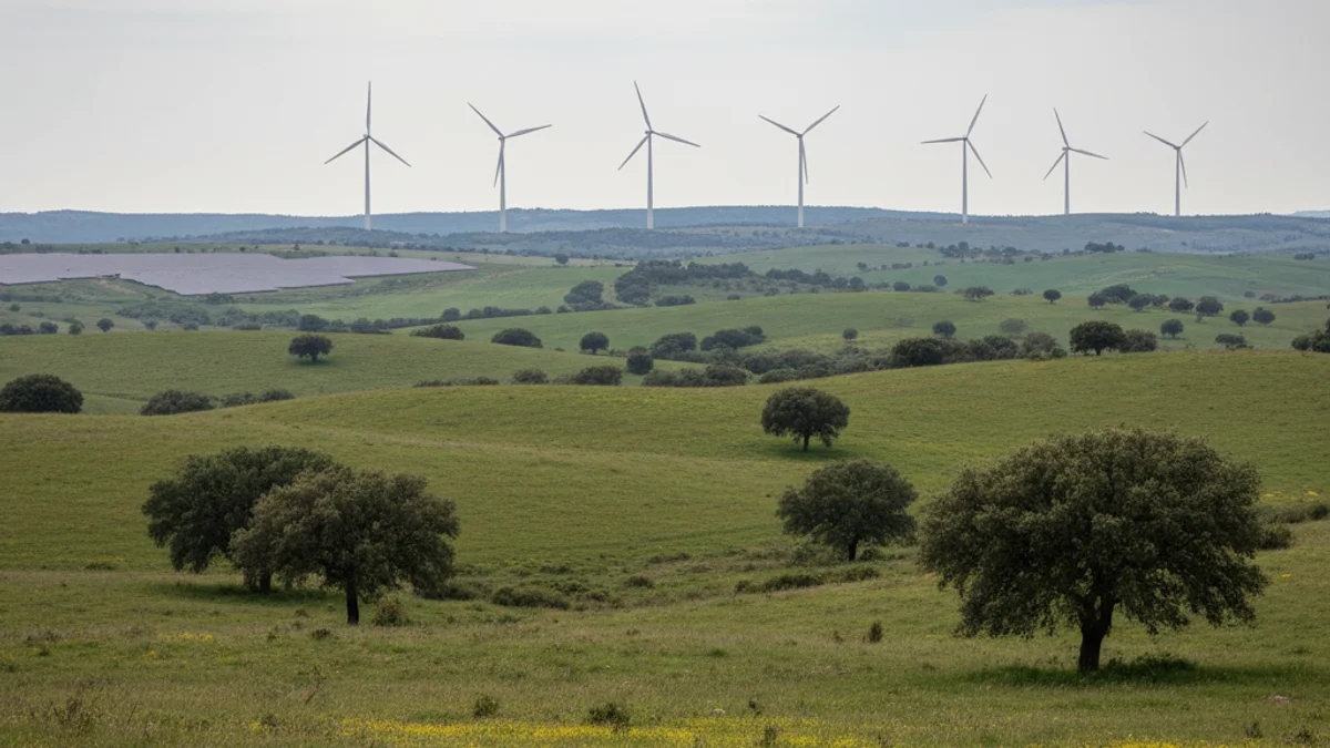 Vista d'un paisatge natural de l'Empordà amb la silueta de grans aerogeneradors a l'horitzó, simbolitzant l'impacte del PLATER.