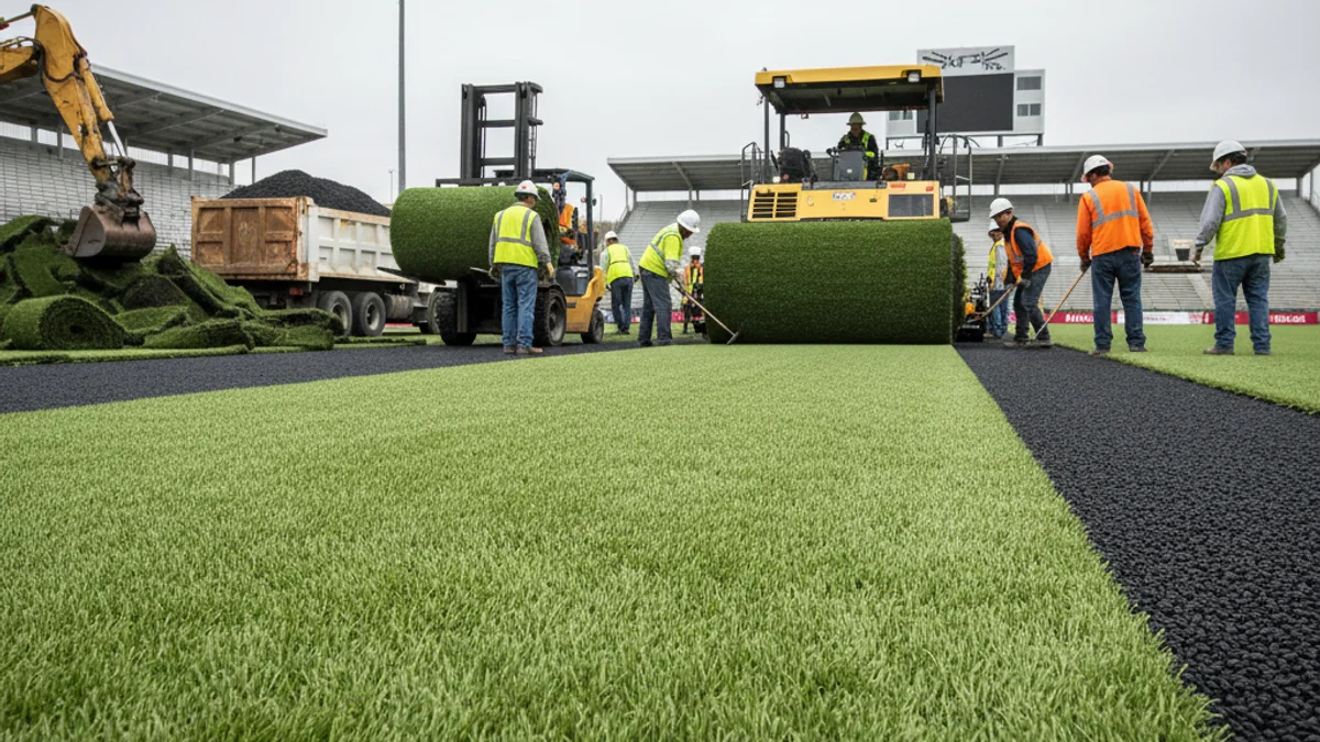Imatge genèrica de la renovació de gespa artificial en un camp de futbol municipal.