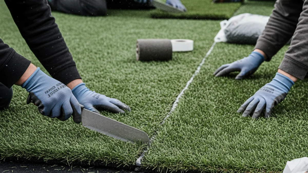 Imatge genèrica d'un camp de futbol amb gespa artificial sent renovada o en procés de manteniment.