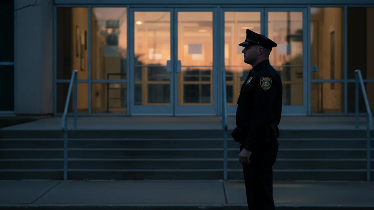 Una silueta d'un agent de policia local en un entorn urbà, amb un edifici municipal al fons.