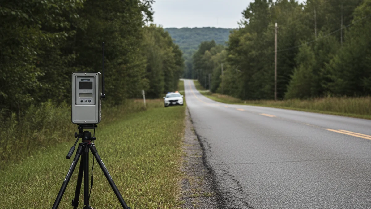 Imatge genèrica d'un radar de trànsit dels Mossos d'Esquadra en una carretera convencional de doble sentit.