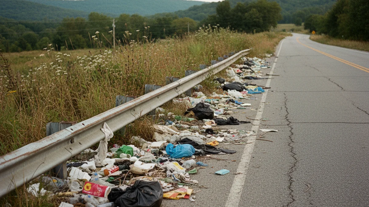 Imatge genèrica de deixalles escampades a la vora d'una carretera interurbana, amb vegetació de fons.