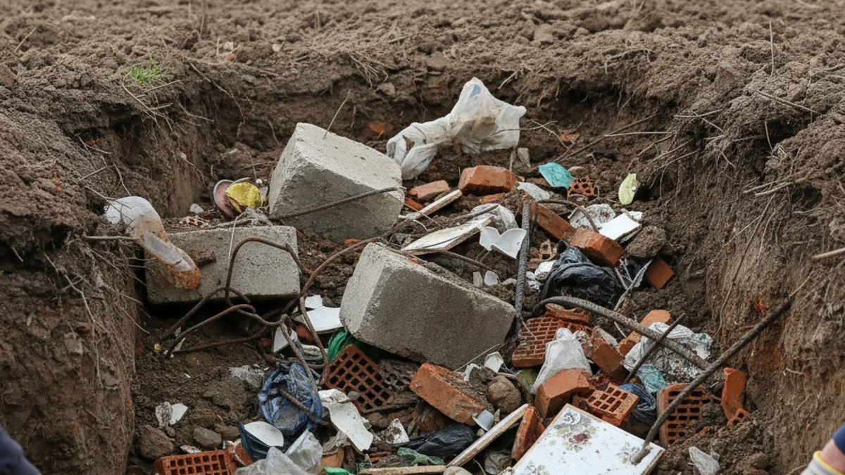 Imatge d'un camp agrícola remogut amb restes de runa i deixalles de construcció visibles al subsòl.