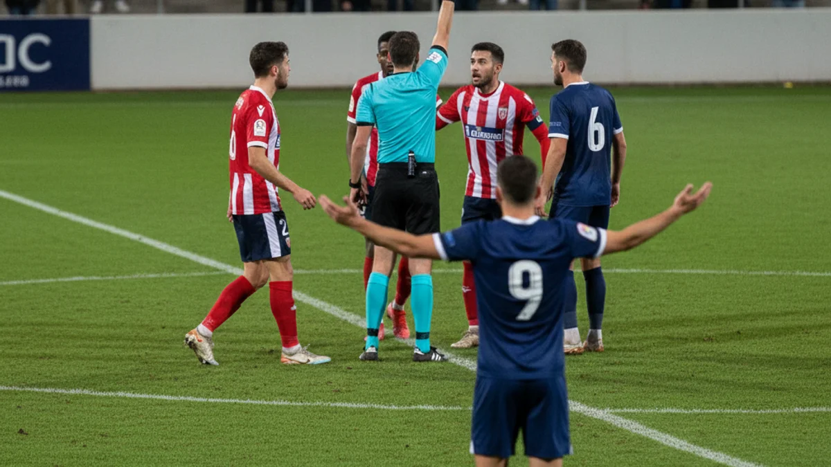 Imatge genèrica d'un moment de tensió en un partit de futbol de Tercera RFEF amb l'àrbitre mostrant una targeta.