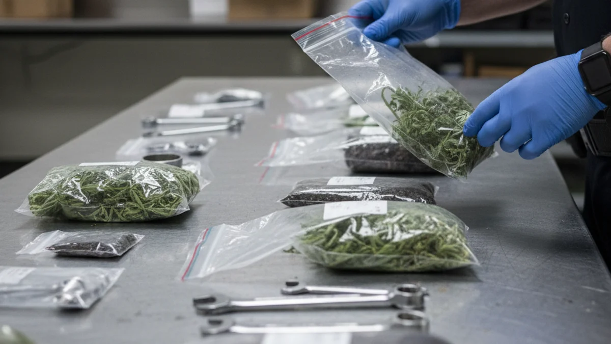 Imagen genérica de una operación policial con bolsas de evidencia y material confiscado sobre una mesa.