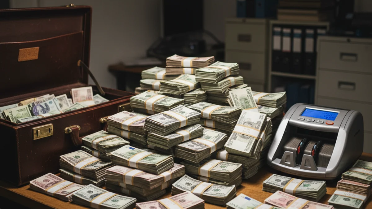 Generic image of counterfeit and legal banknotes mixed on a table, related to a fraud scheme.