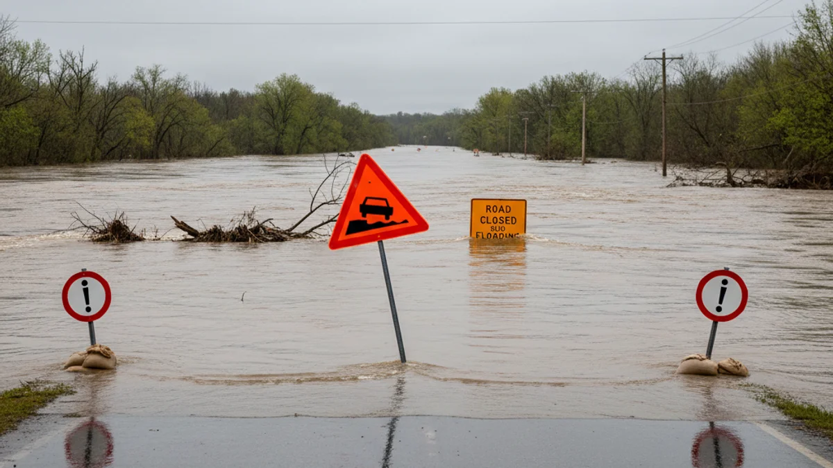 Imatge genèrica d'una carretera tallada amb senyals d'advertència per inundació i desbordaments.