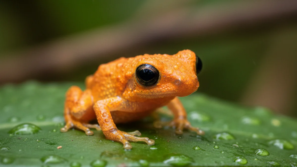 Imatge de primer pla d'una granota petita i de color taronja brillant sobre una fulla humida.