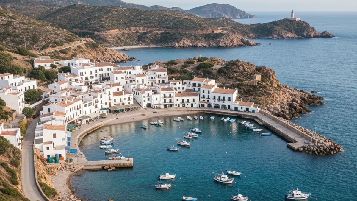 Vista panoràmica d'un poble costaner mediterrani amb cases blanques i teulades de pissarra, situat en una badia rocosa.