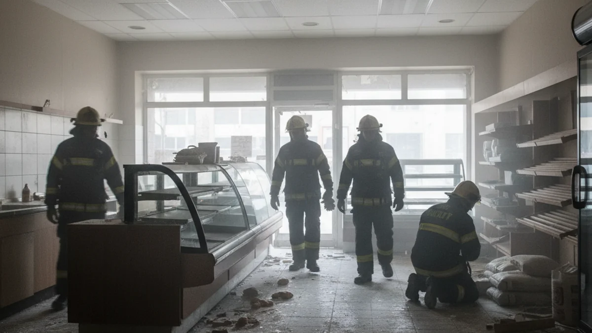 Imatge genèrica de l'entrada d'un forn de pa amb personal d'emergències investigant una incidència.