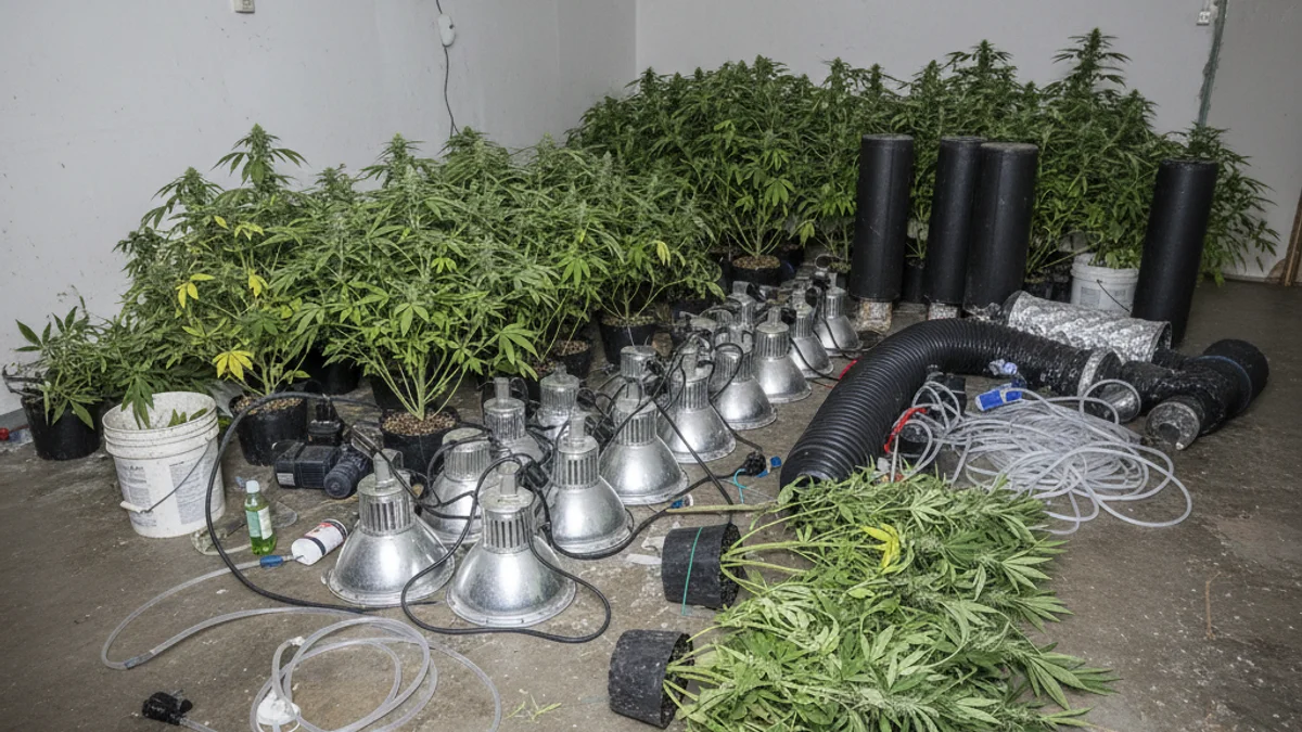 Imatge genèrica de plantes de cànnabis confiscades i material de cultiu intensiu després d'una operació policial.