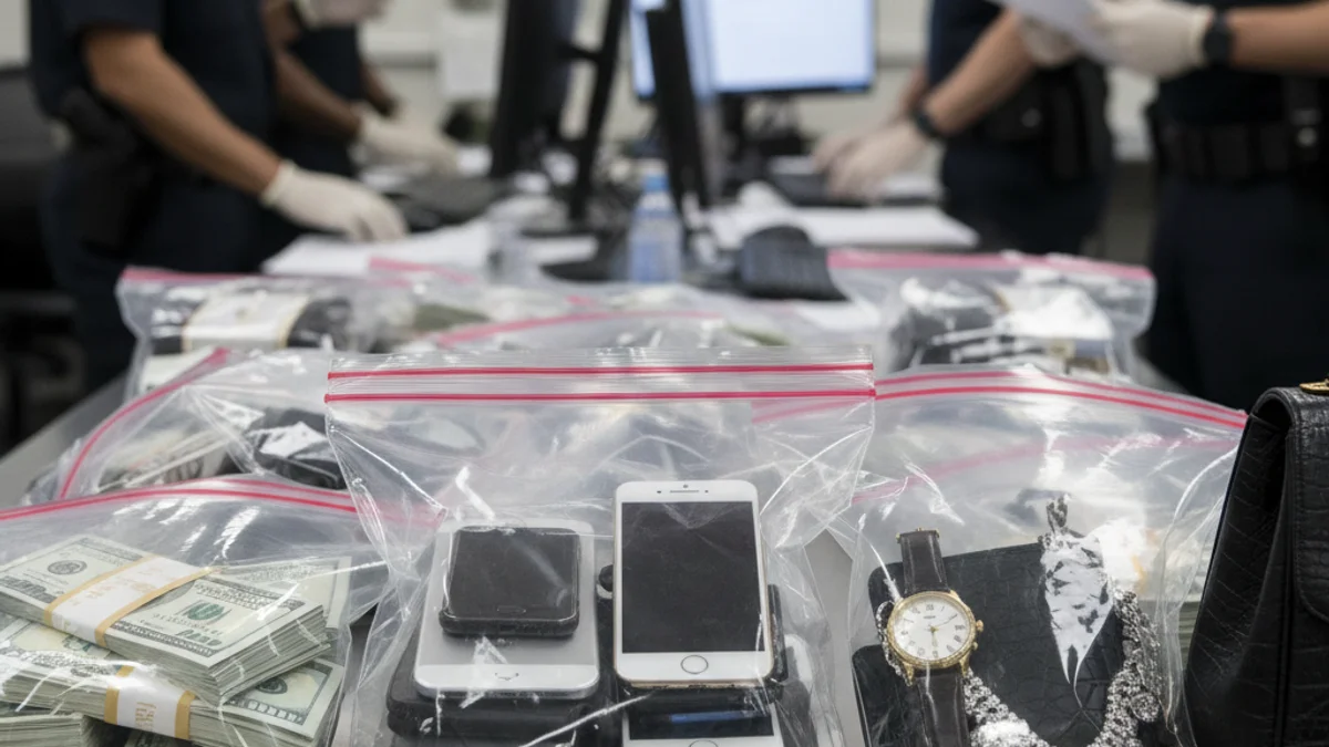 Imatge genèrica d'una taula amb proves policials, incloent diners en efectiu i dispositius electrònics confiscats.