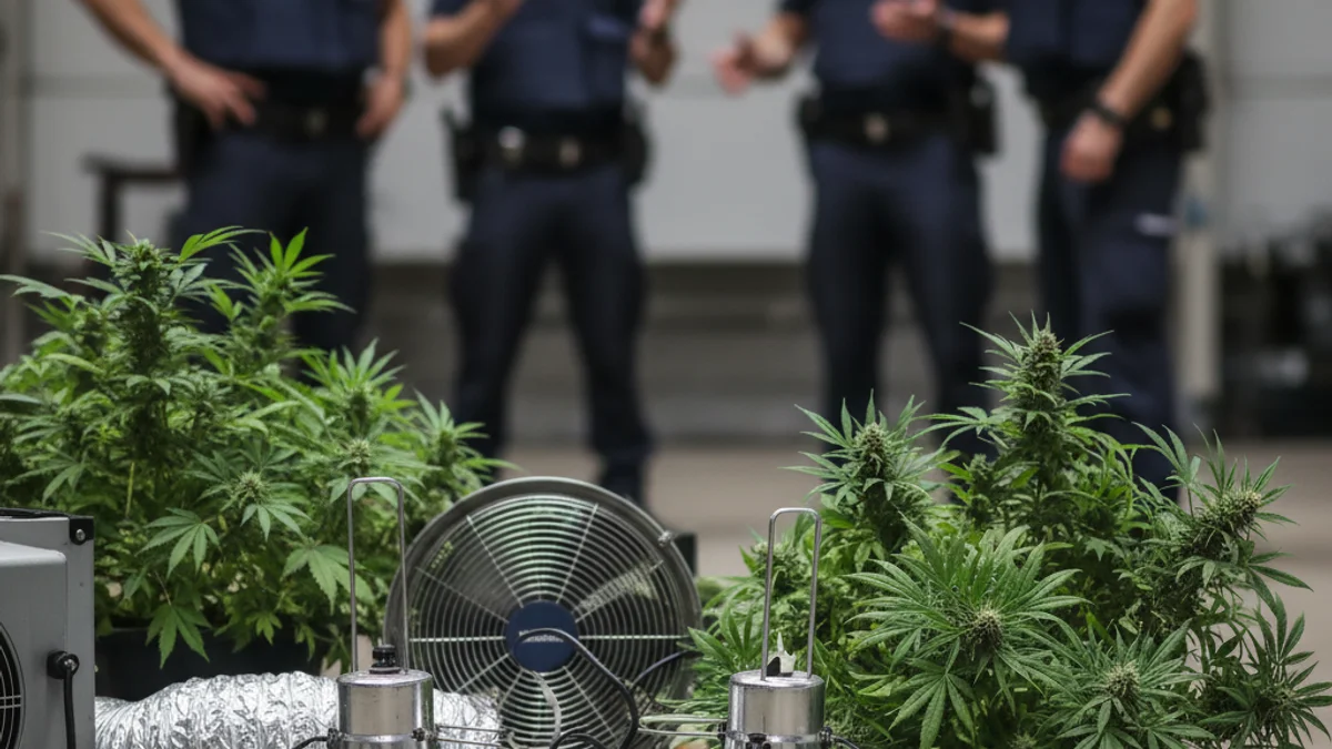 Imatge genèrica d'una operació policial amb plantes de marihuana confiscades i material de cultiu.