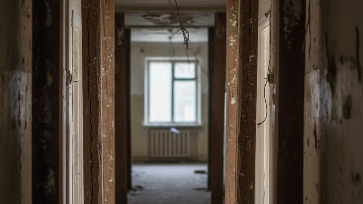 Imatge genèrica de puntals de fusta sostenint el sostre dins d'un pis antic, simbolitzant el risc estructural.