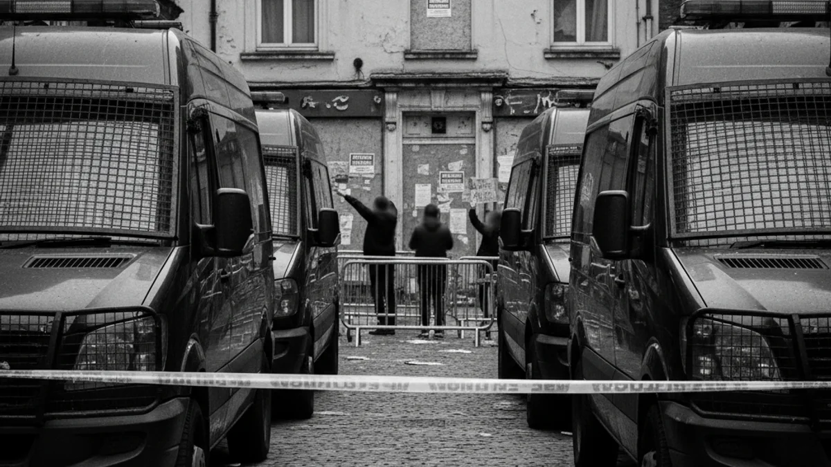Imatge genèrica d'una protesta de la PAHC davant un edifici, amb presència policial al fons.