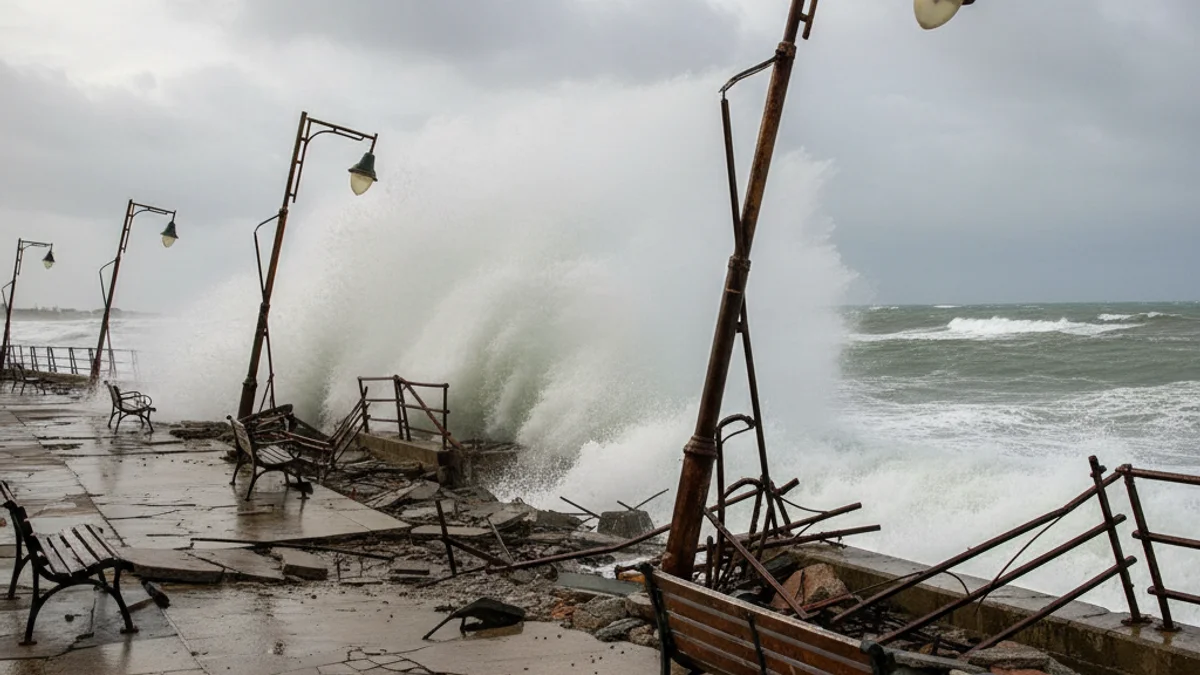 Imatge d'onades grans trencant contra un passeig marítim danyat a la costa catalana, amb mobiliari urbà afectat.