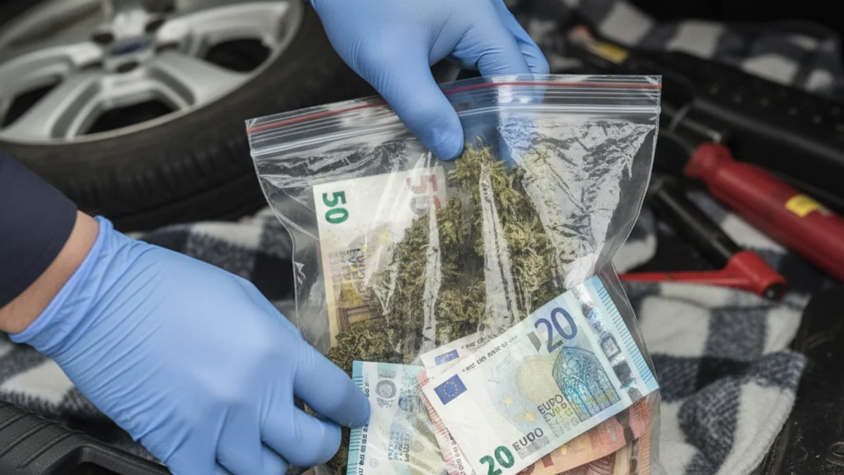 Imatge genèrica d'una inspecció policial en un control de carretera, amb focus en la droga confiscada.