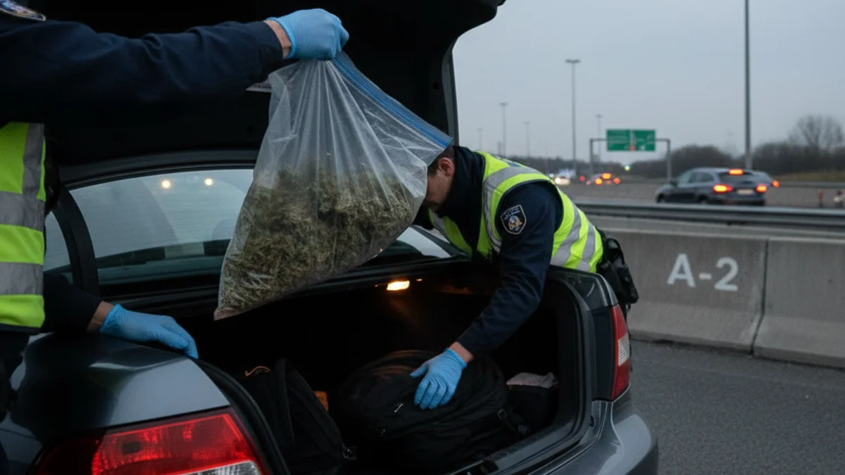 Imatge genèrica d'un control policial a la carretera amb un vehicle aturat i agents examinant el maleter.